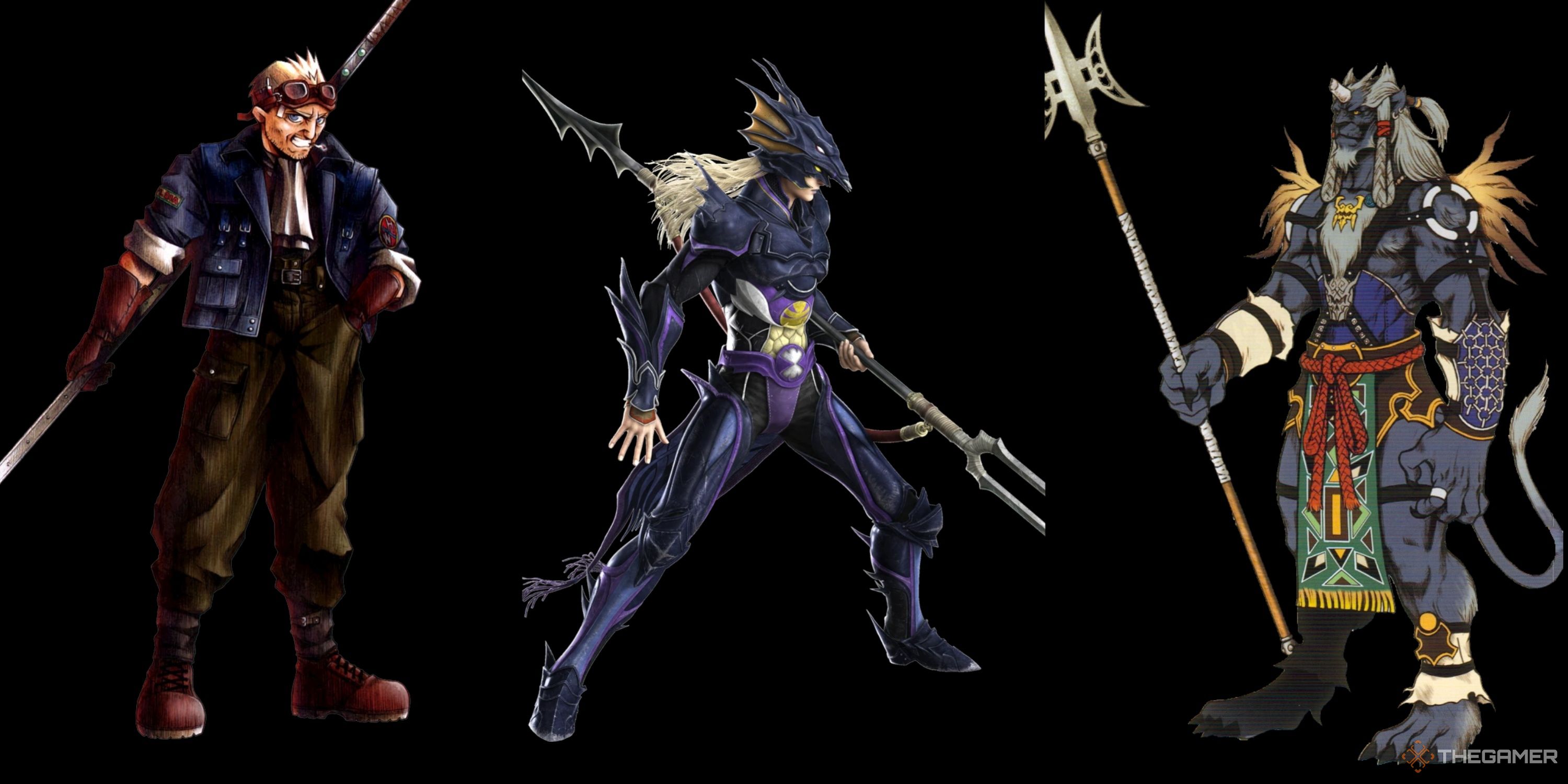 A collage of three different Dragoons from Final Fantasy. From left to right are Cid Highwind from Final Fantasy 7, Kain Highwind from Final Fantasy 4 and Kimahri Ronso from Final Fantasy 10.