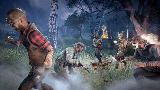 Vigor Season 21 Bloodline: A lumberjack character running away from a group of cultists while another lumberjack crouches to fight back.