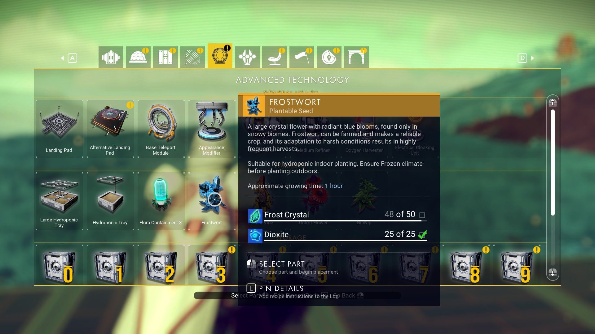 Frostwort plant in No Man's Sky building menu.