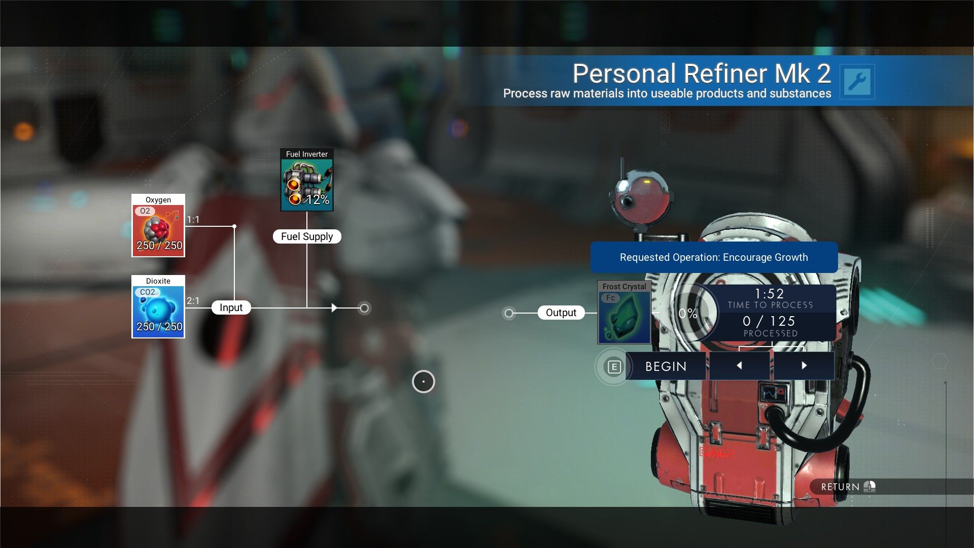 Refiner in No Man's Sky crafting Frost Crystals from Oxygen and Dioxite