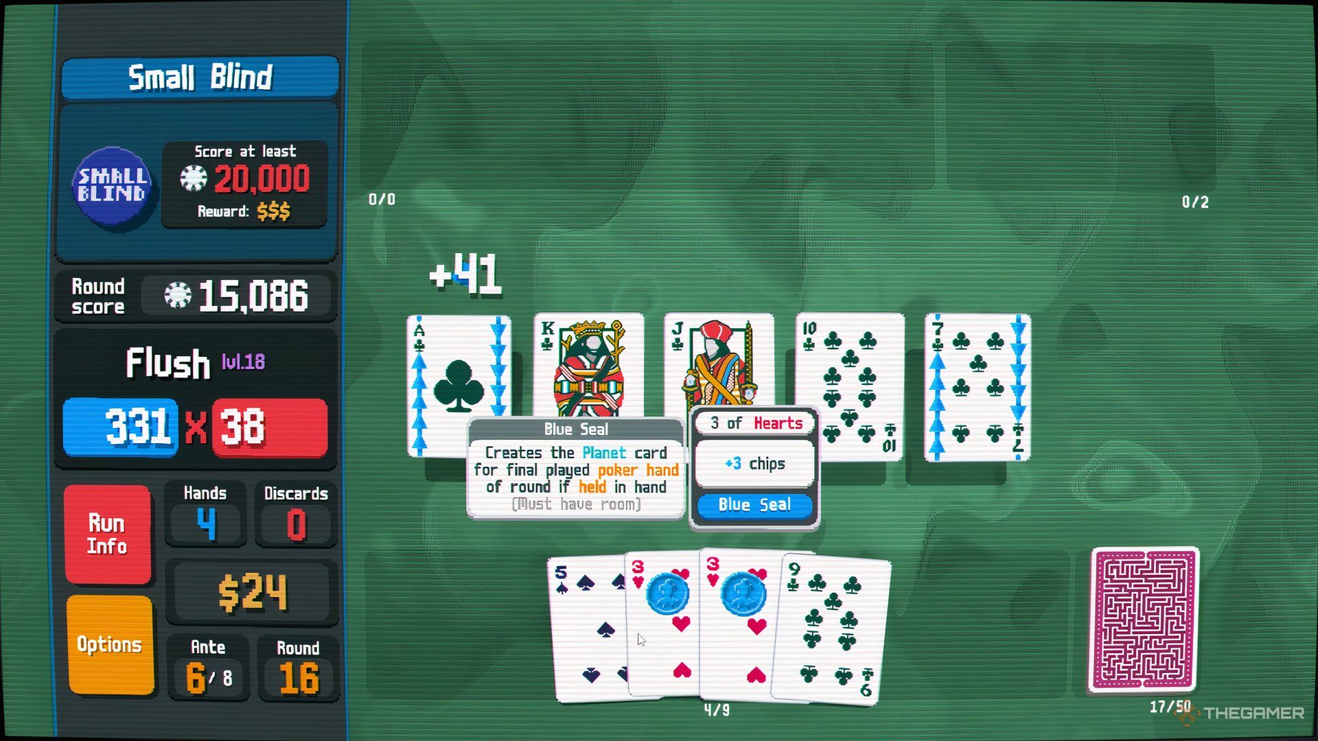 Playing a level 18 Club Flush with two Blue Seal 3s of Hearts held in hand in Balatro.