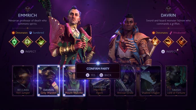 The character select screen in Dragon Age: The Veilguard, here showing the necromancer Emmrich and the Grey Warden Davrin.