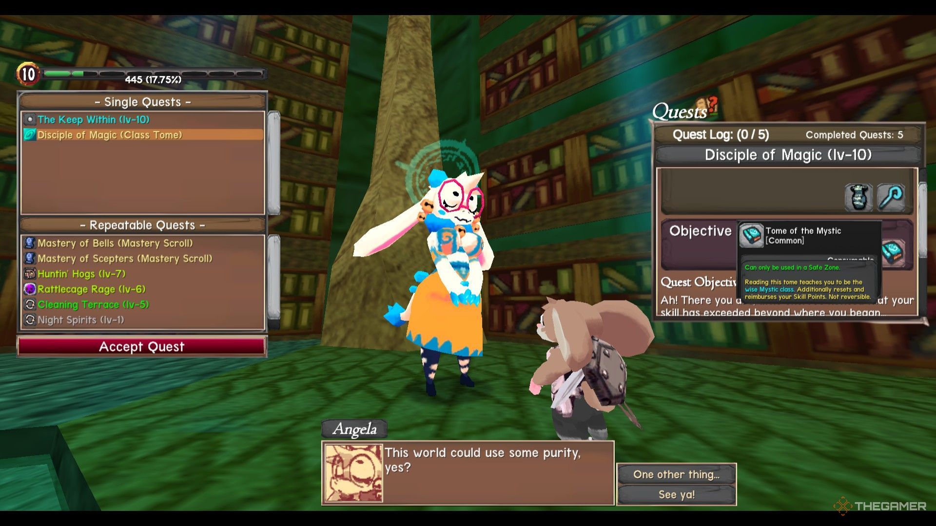 The image shows Angela offering the Mystic Class quest to the player in Atlyss.