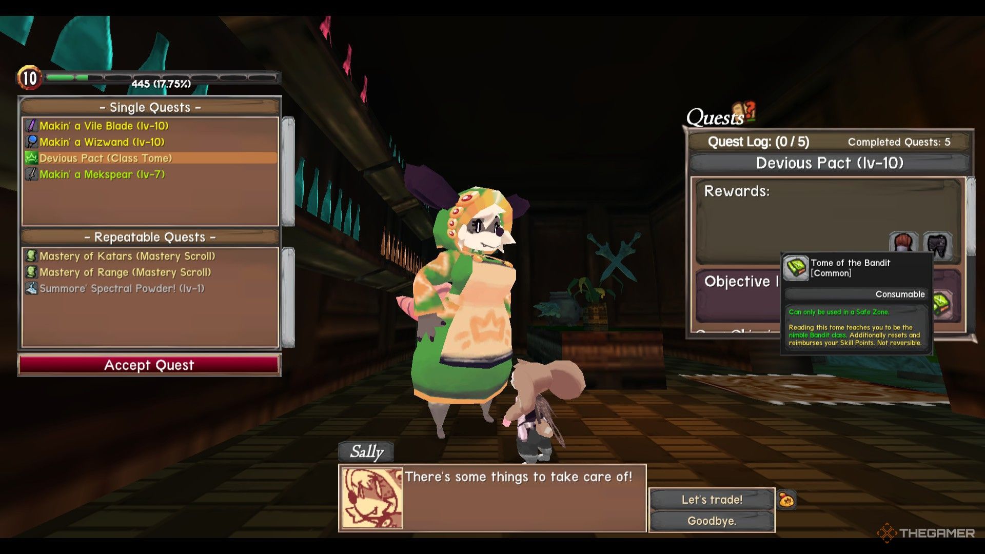 The image shows Sally offering the Bandit Class quest to the player in Atlyss.