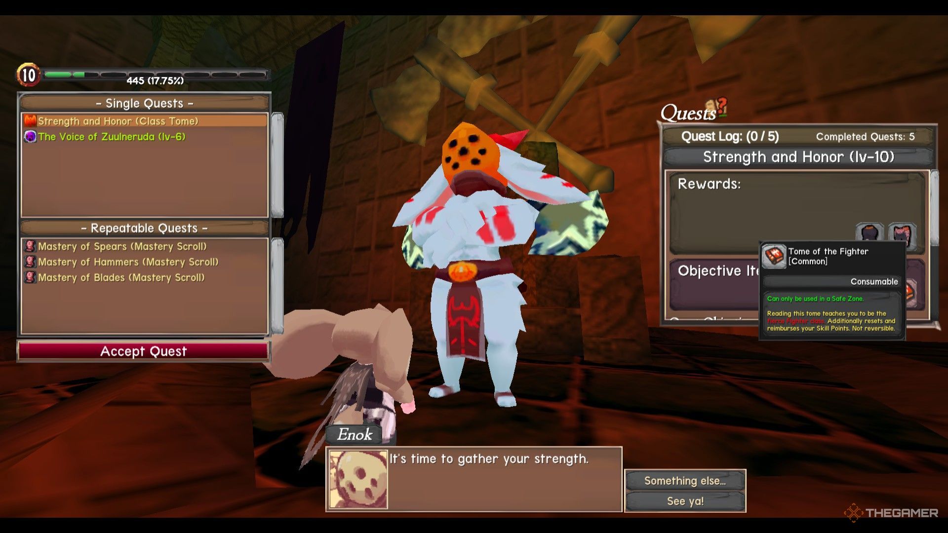 The image shows Enok offering the Fighter Class quest to the player in Atlyss.