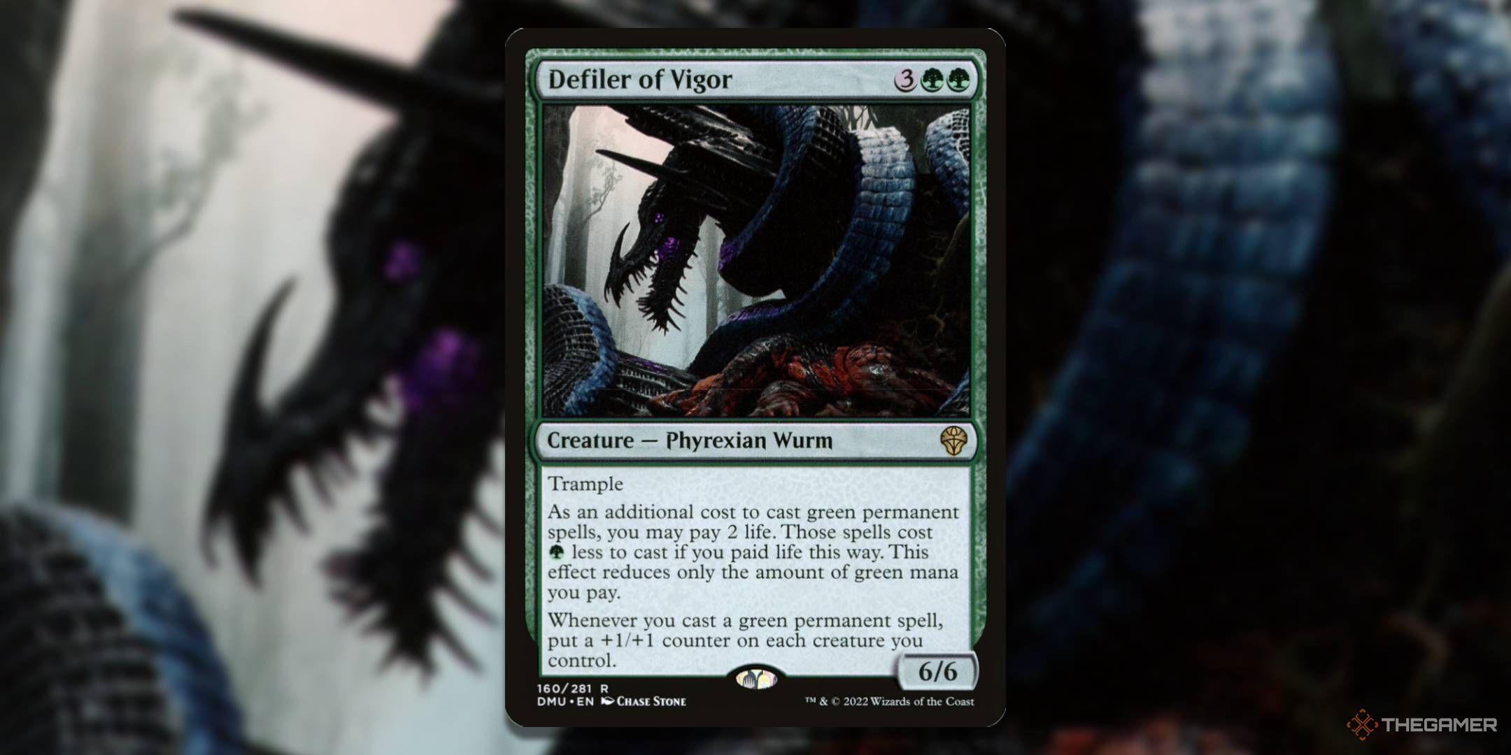 MTG Defiler of Vigor card with the art in the background.