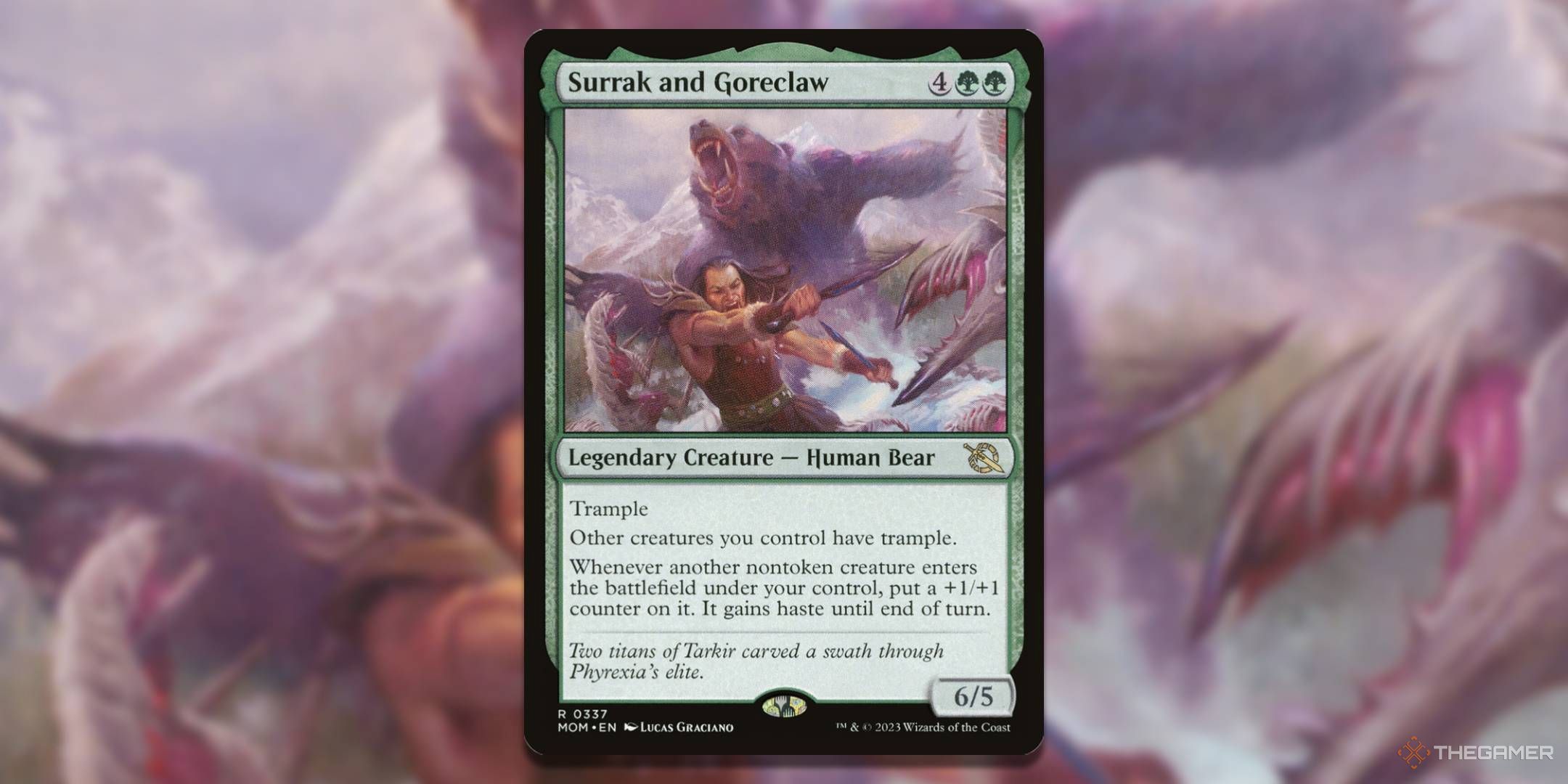 MTG Surrak and Goreclaw card with the art in the background.