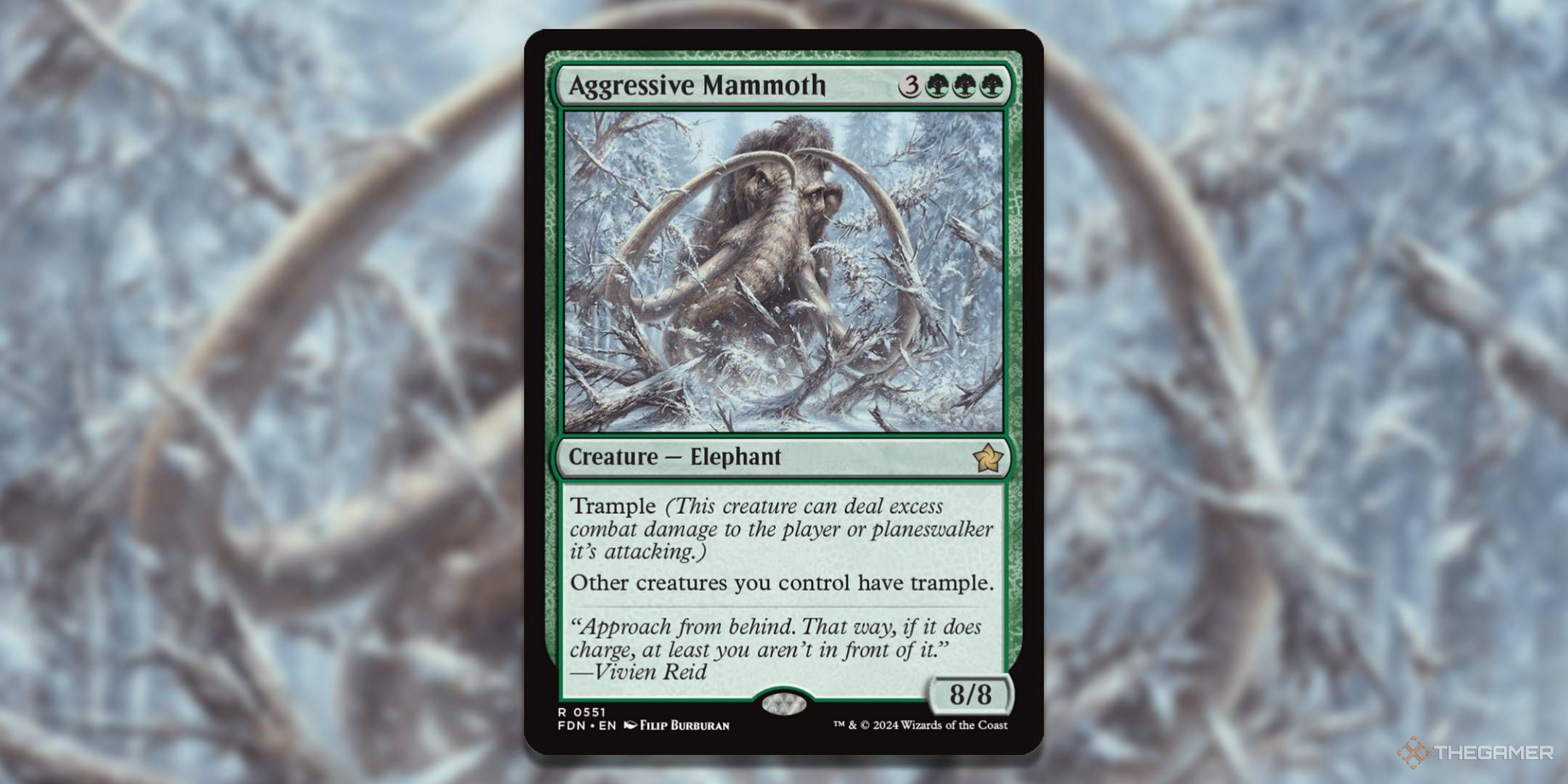 MTG Aggressive Mammoth card with the art in the background.