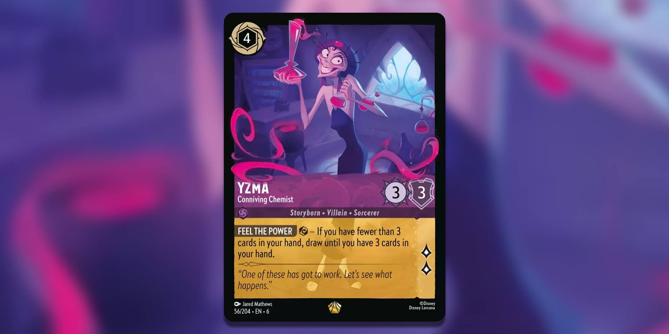 The Lorcana card Yzma Conniving Chemist by Jared Mathews.