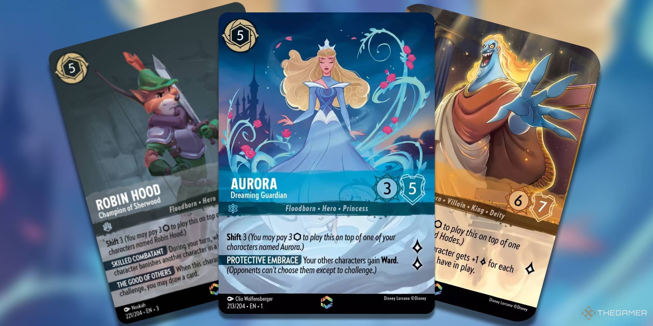 Disney Lorcana enchanted cards for Robin Hood, Champion of Sherwood, Aurora, Dreaming Guardian, and Hades, King Of Olympus on a blurred background.