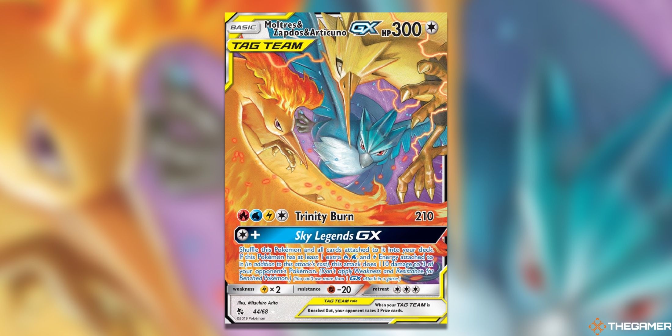 The Hidden Fates Moltres&Zapdos&Articuno Ultra Rare from the Pokemon TCG.