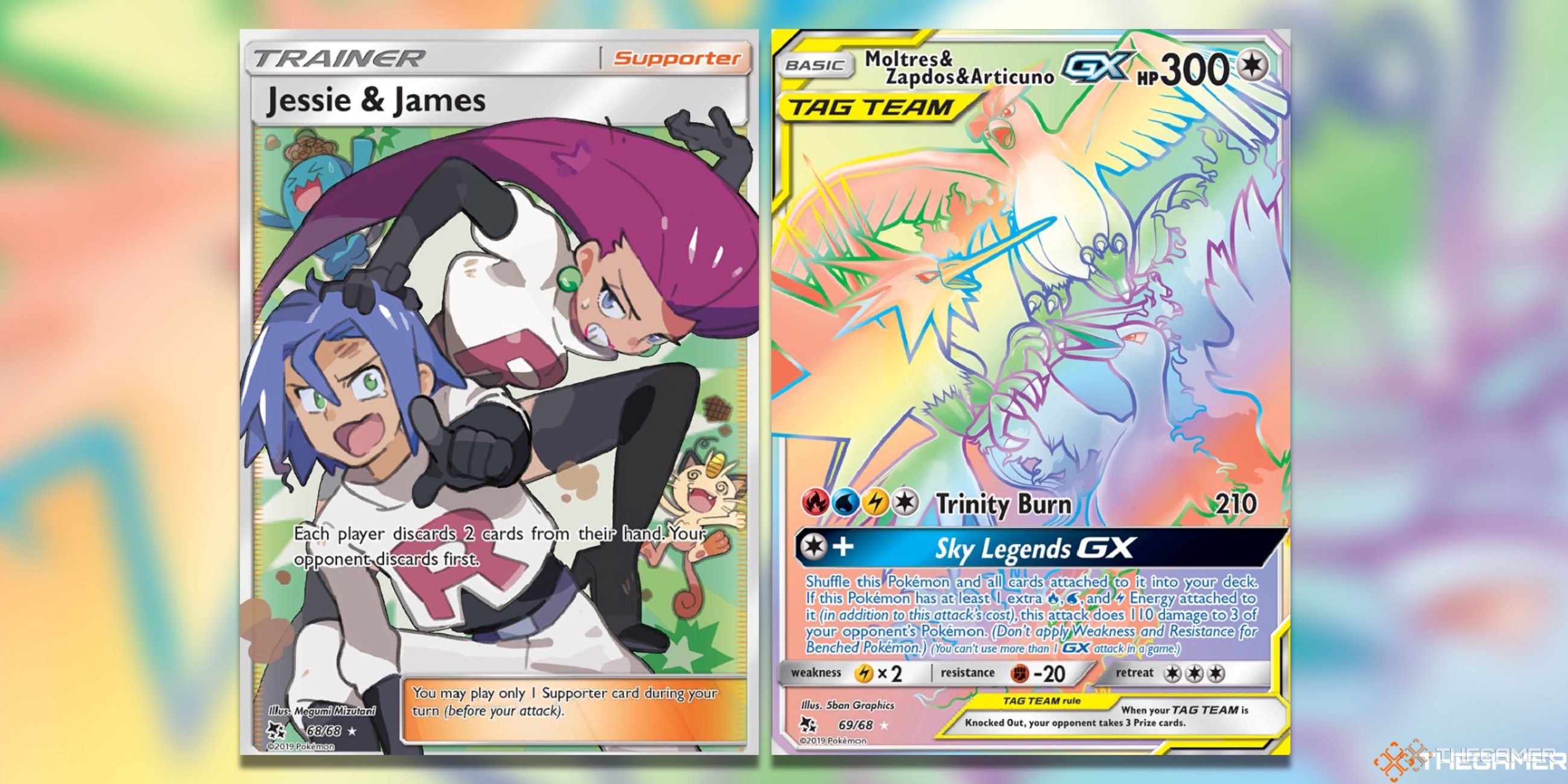 The Hidden Fates Jessie & James Full Art and the Moltres & Zapdos & Articuno Secret Rare from the Pokemon TCG.