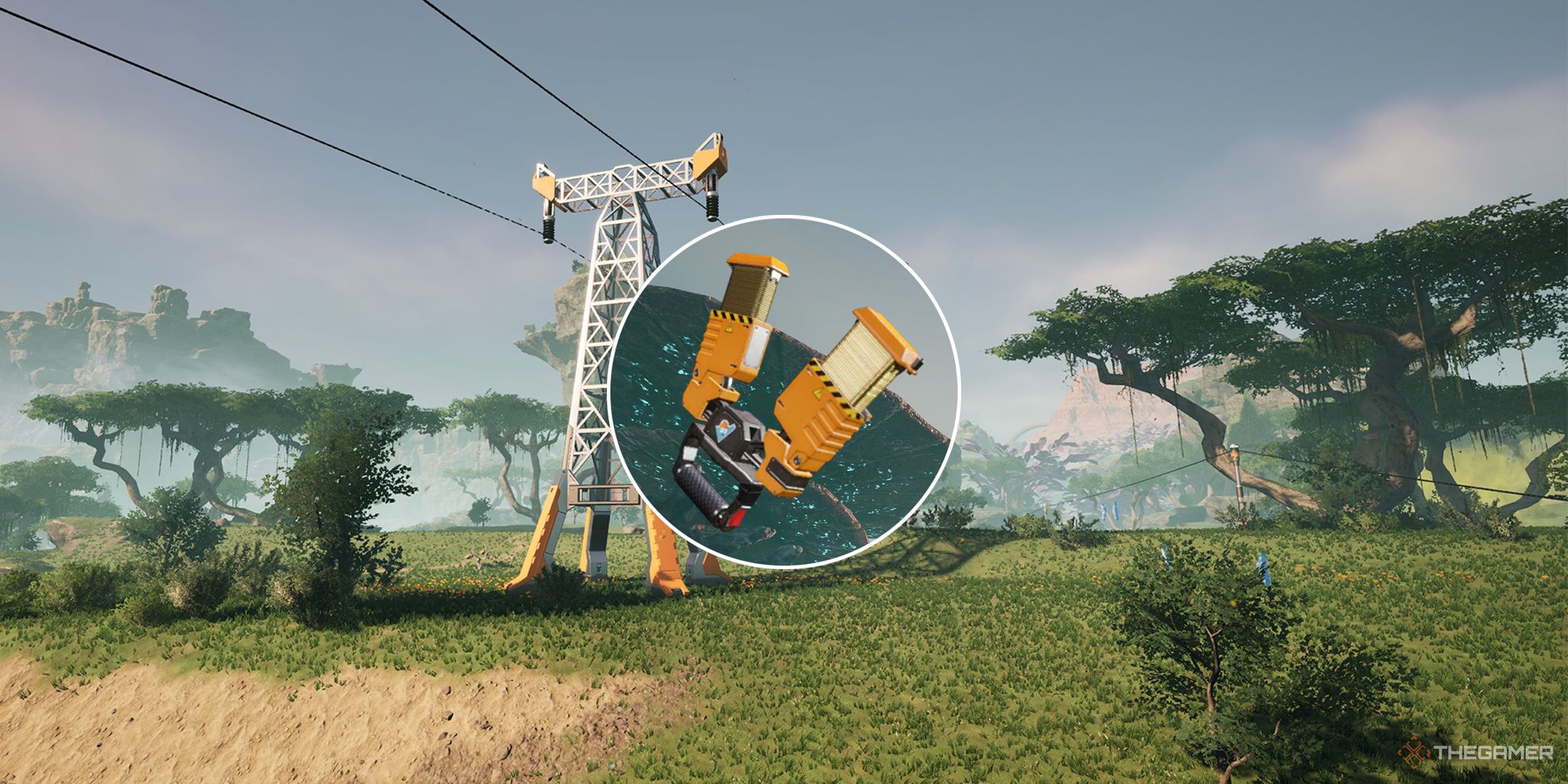 The icon for the Zipline in a white circle. The background image shows two Power Towers connected to each other with cables in a grassy field.