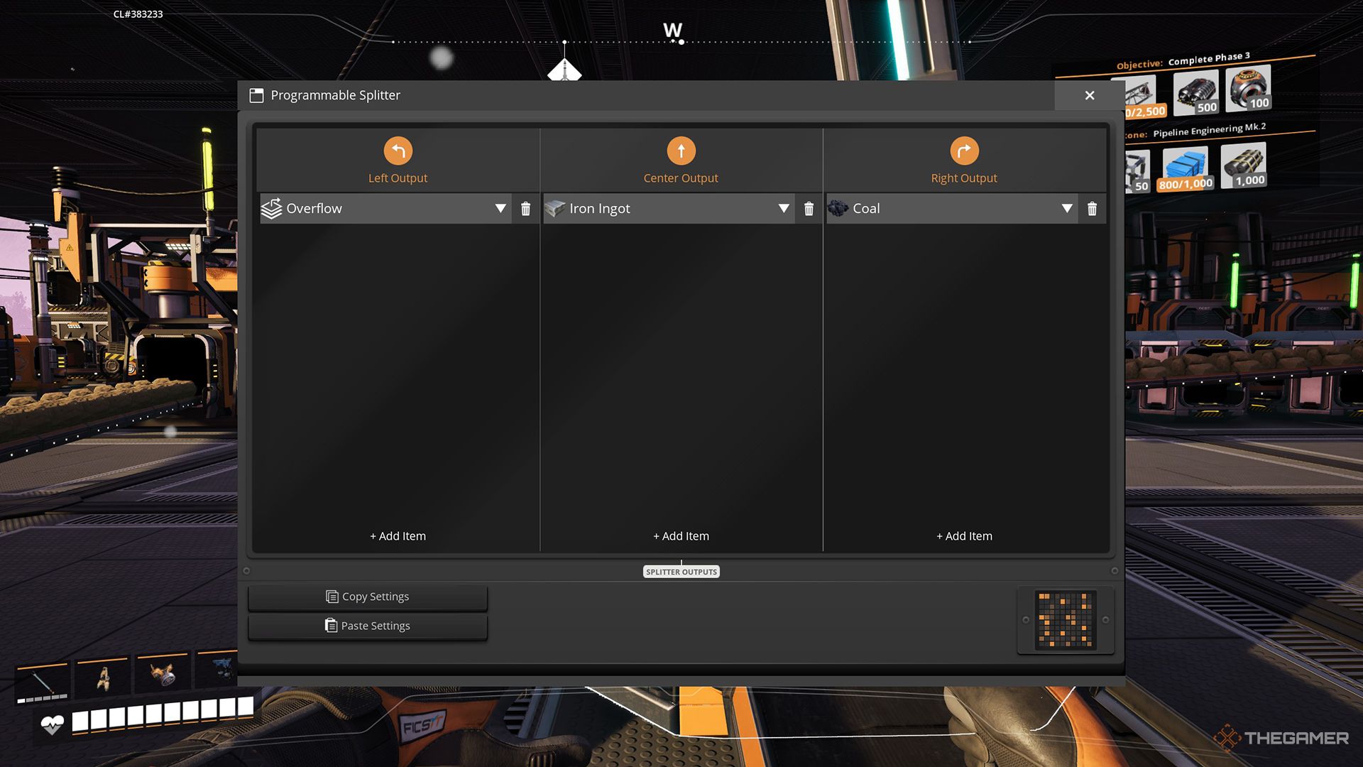 The options menu for a Programmable Splitter, with Overflow, Iron, and Coal selected as the designated outputs.