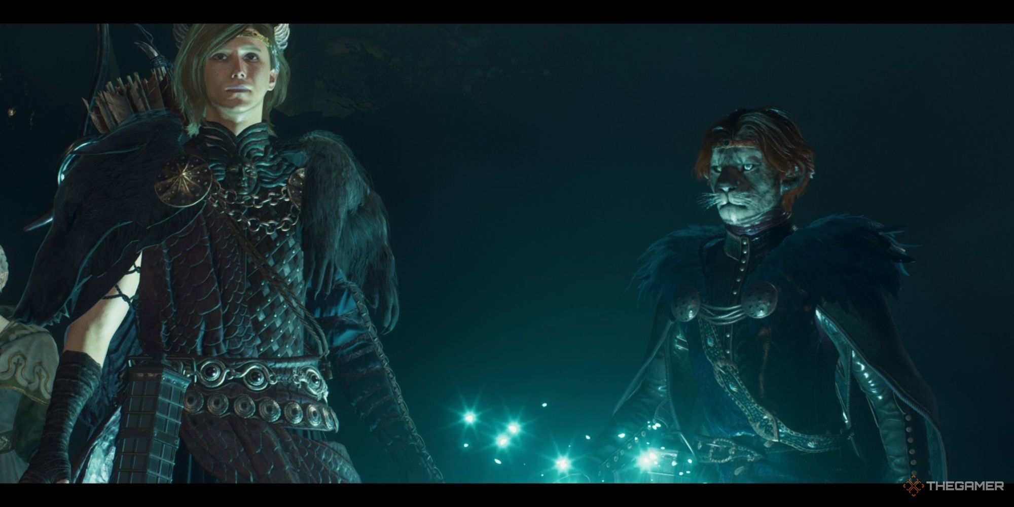 A Beastren Arisen and their human Pawn stood together at night illuminated by blue magic in Dragon's Dogma 2