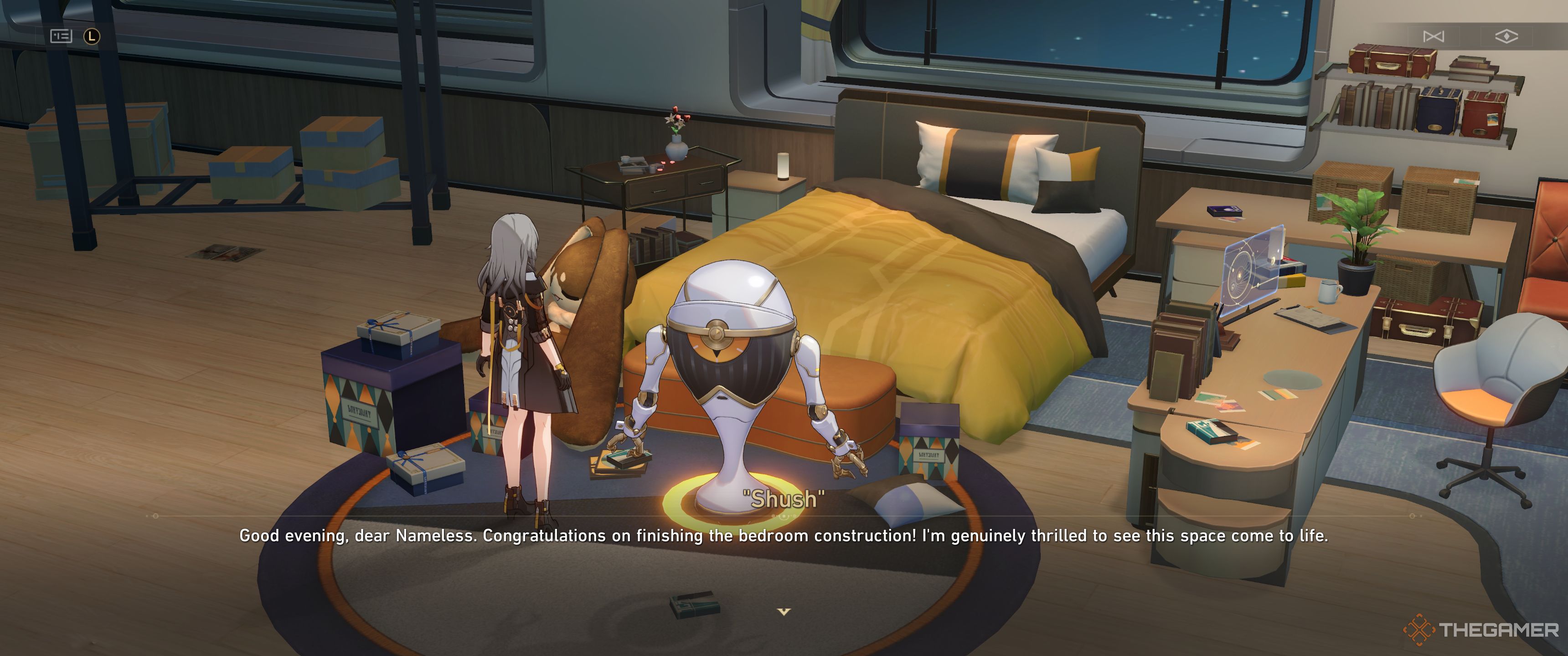 Honkai Star Rail Shush congratulating traveler on finishing bedroom.