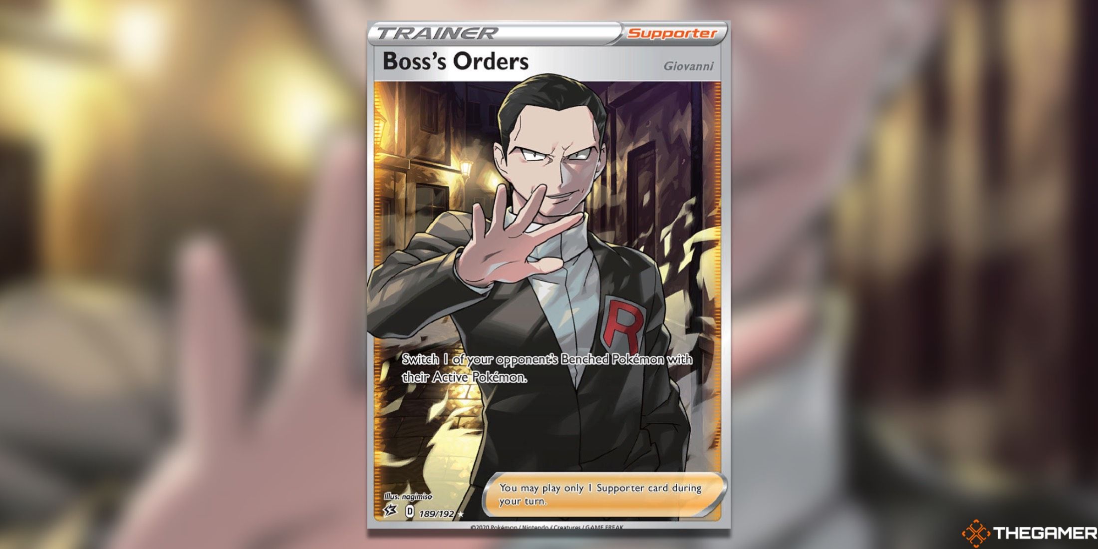 Rebel Clash's Boss's Orders Full Art from the Pokemon TCG.