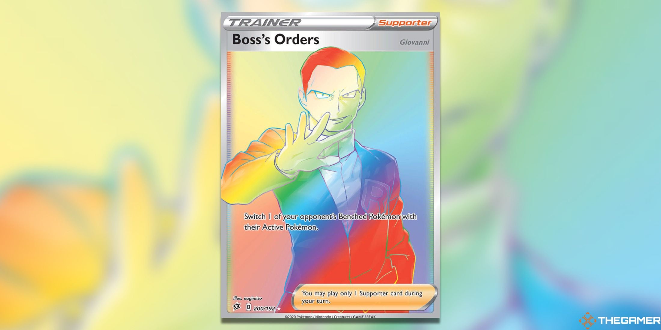 Rebel Clash's Boss's Orders Secret Rare from the Pokemon TCG.