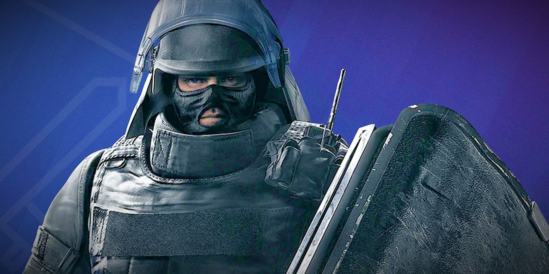 Rainbow Six Siege Montagne standing with shield with blue background dressed in black armor