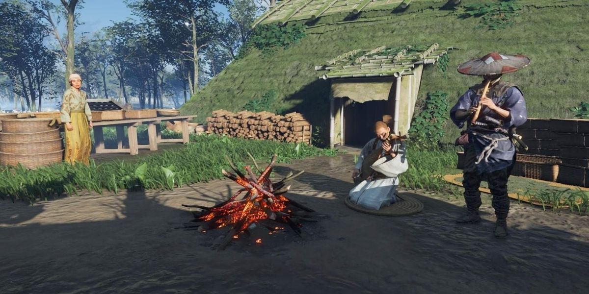 Jin plays the flute in a village in Ghost of Tsushima