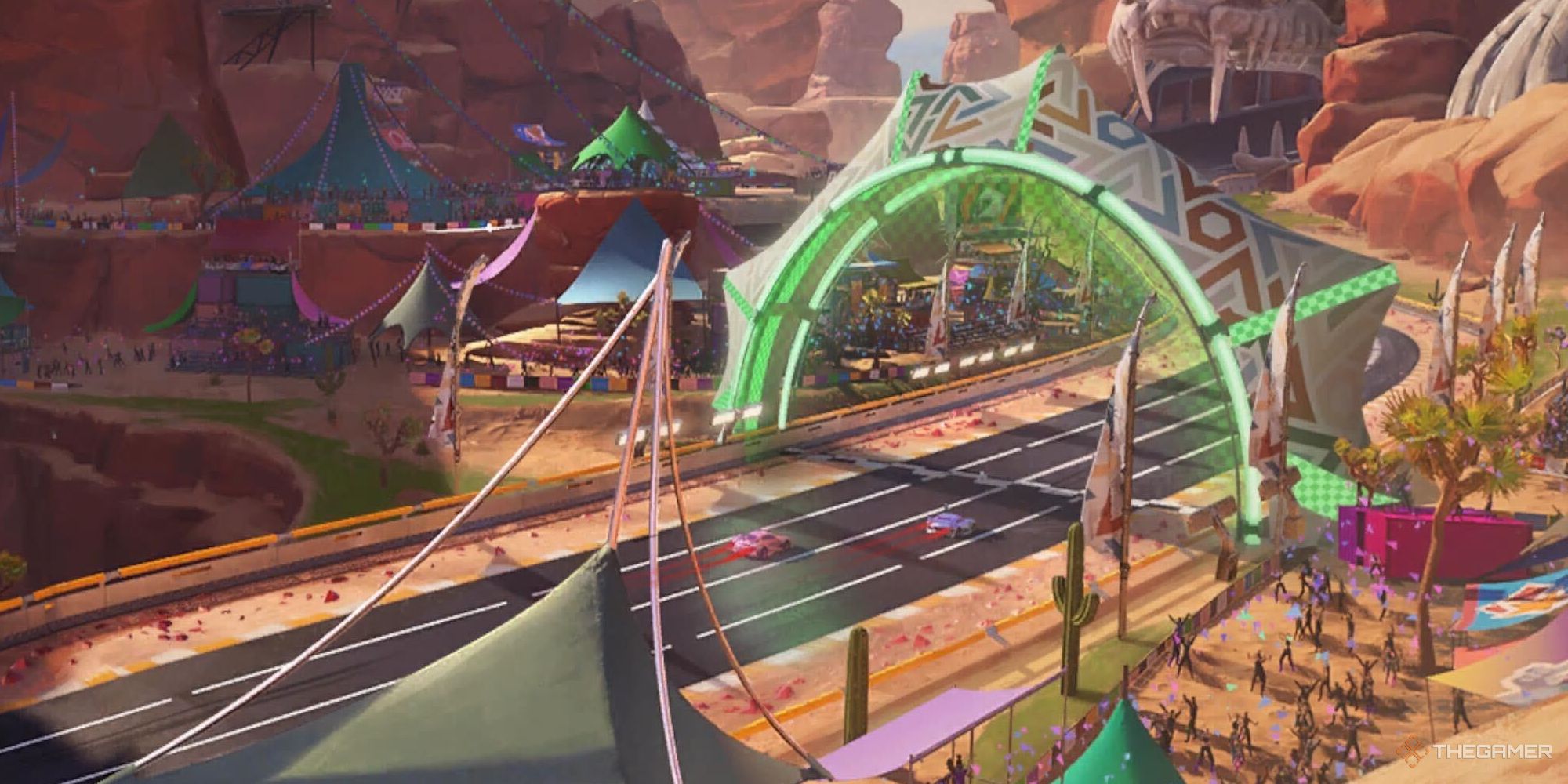 A screenshot from Fortnite's Rocket Racing mode, with a loading screen cropped to show the starting line