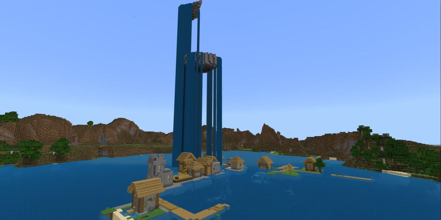 A water monument waterfall in Minecraft