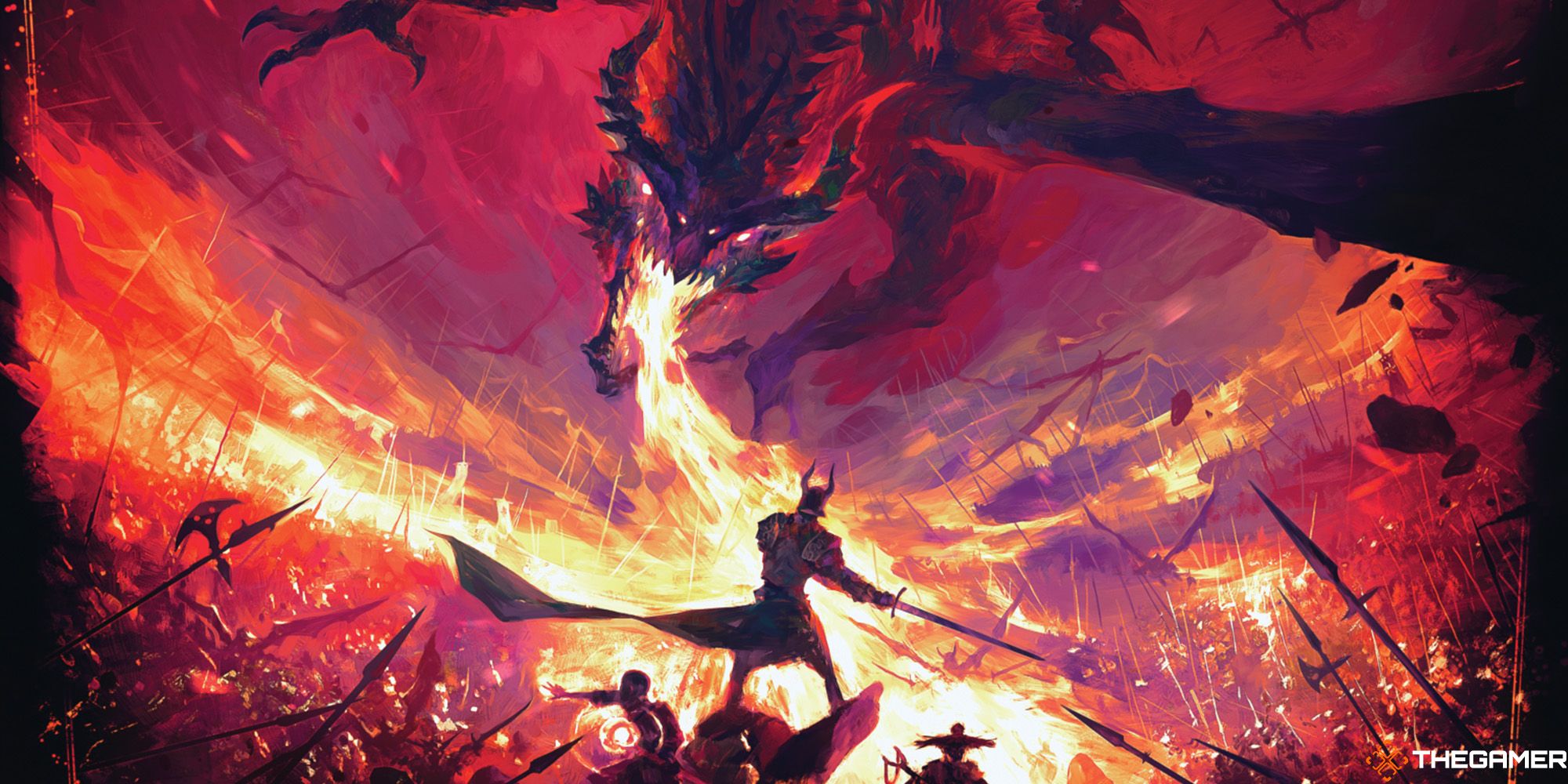 Dungeons & Dragons image showing a dragon about to breathe fire on an adventuring party.