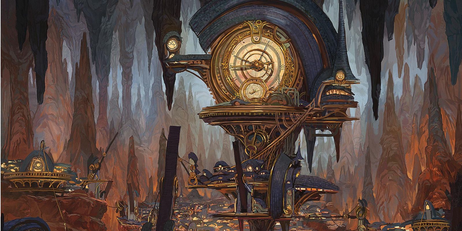 Dungeons & Dragons image showing An industrial city with a huge floating clock at its center.