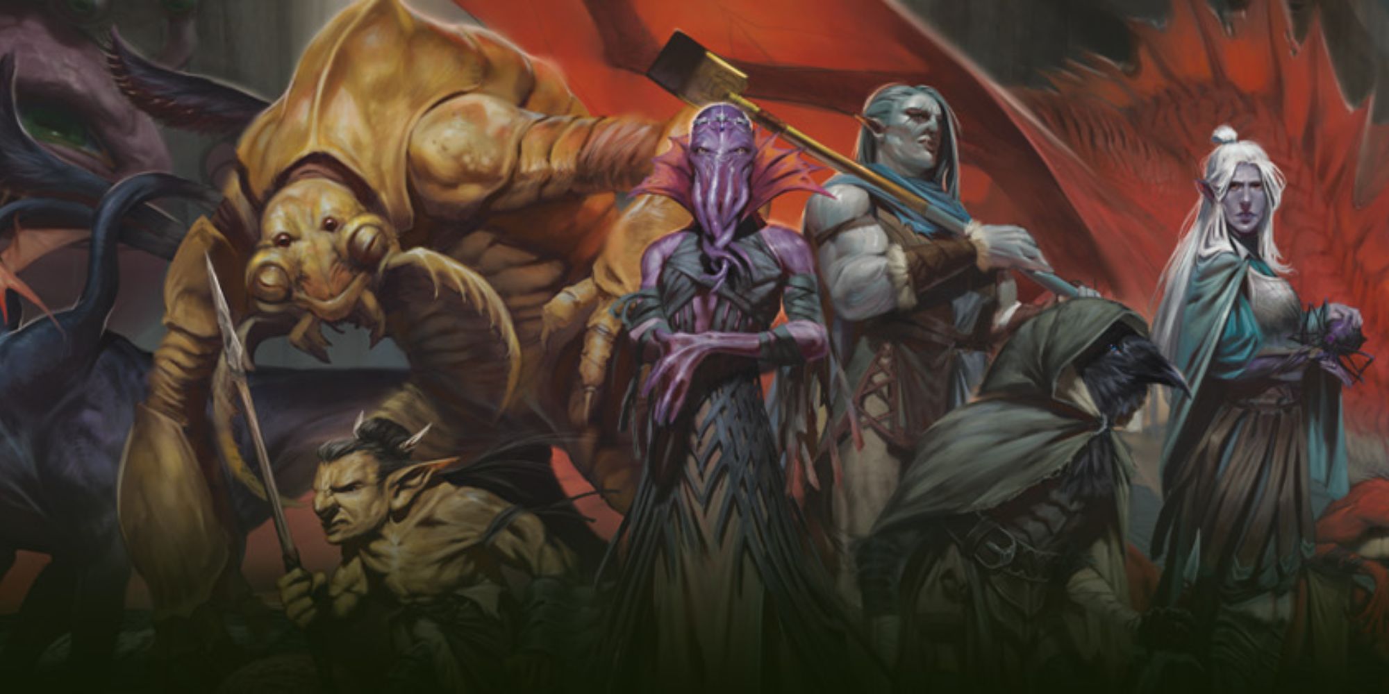 Dungeons & Dragons image showing several creatures including drow, kenku, goblin, and mindflayer arranged in a row.