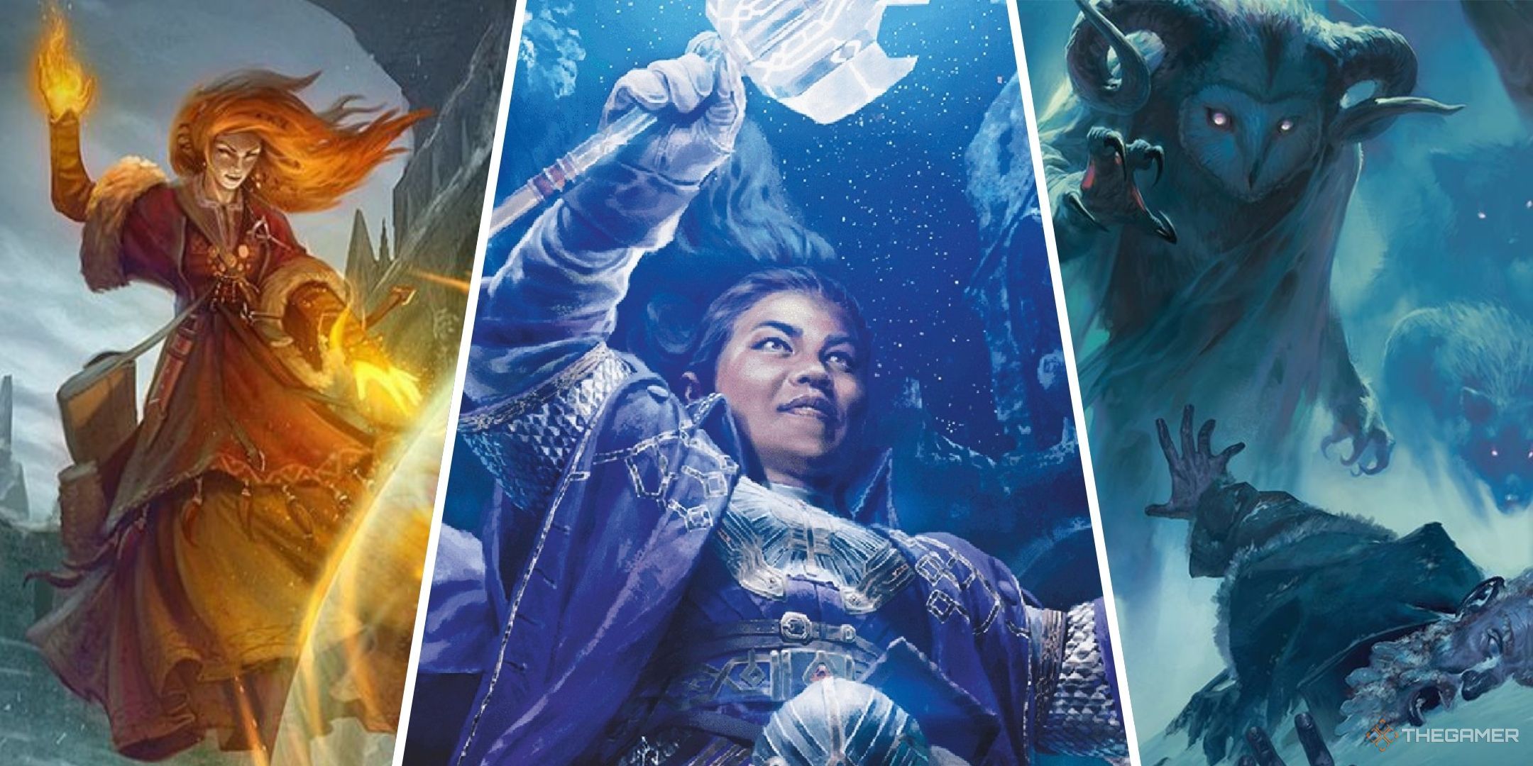 Dungeons & Dragons image showing a sorcerer, a priest, and a monster in the snow.