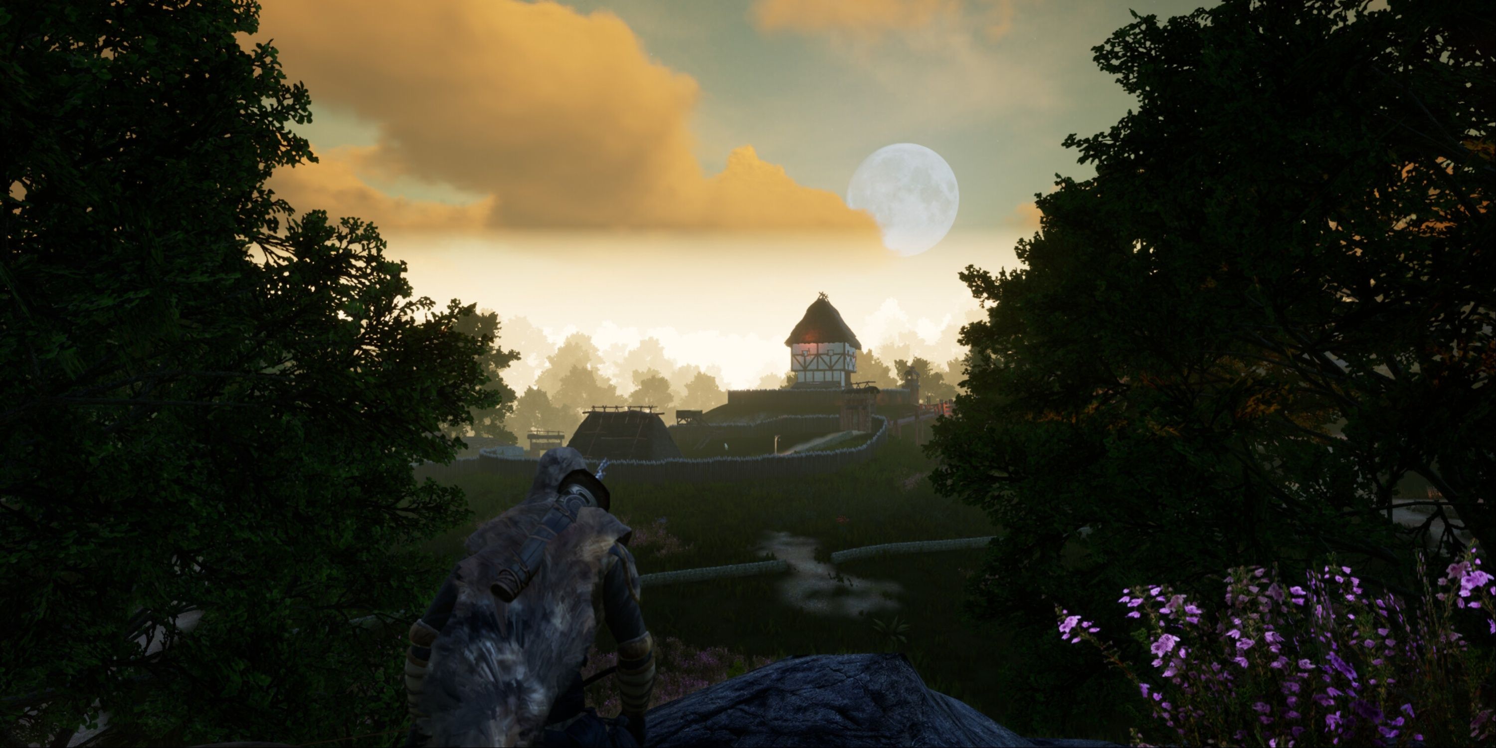 Robin Hood Sherwood Builders The Main Character Seeing The Moon Overlooking A Countryside Field.