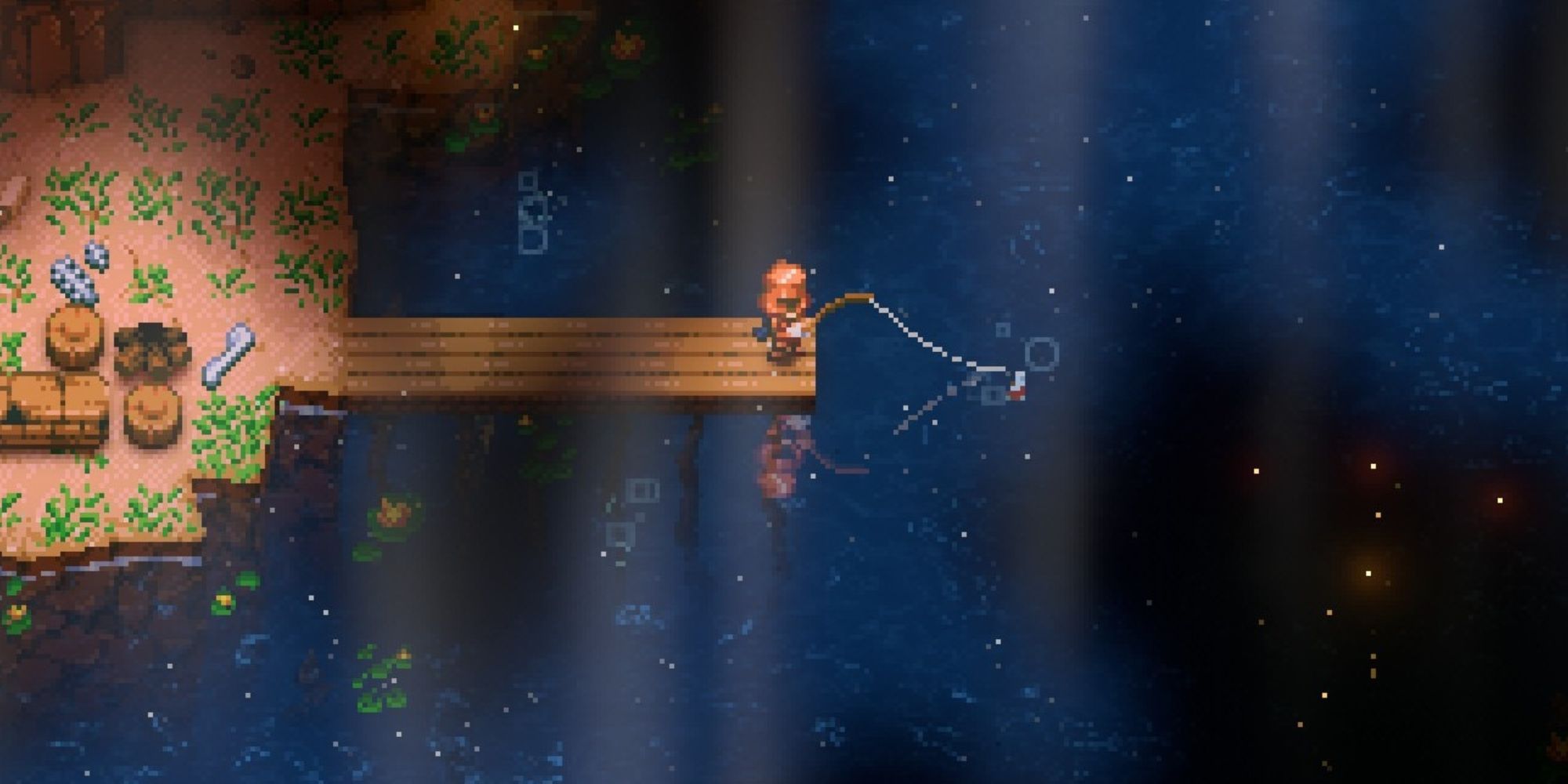 A player fishes at a large lake on a short wooden dock in Core Keeper.