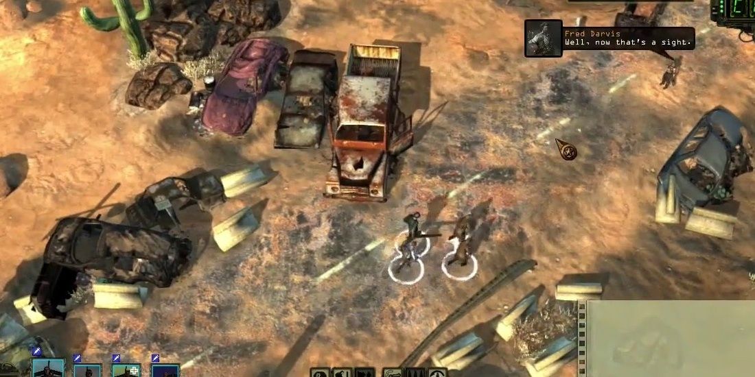 Wasteland 2 combat near burned out vehicles.