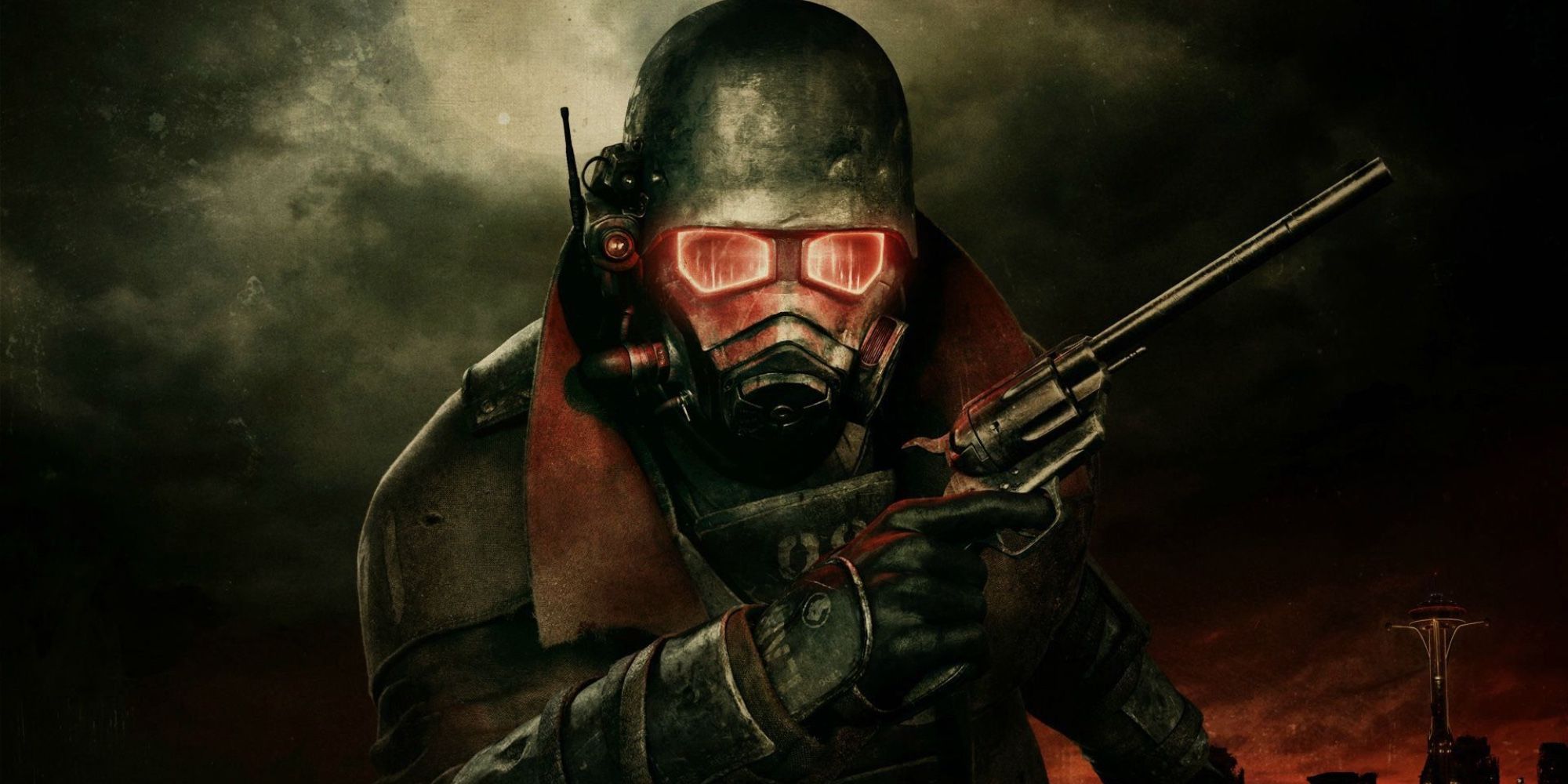 Fallout New Vegas Promo Image of character with silver helmet and red eyes. He's holding up a revolver.