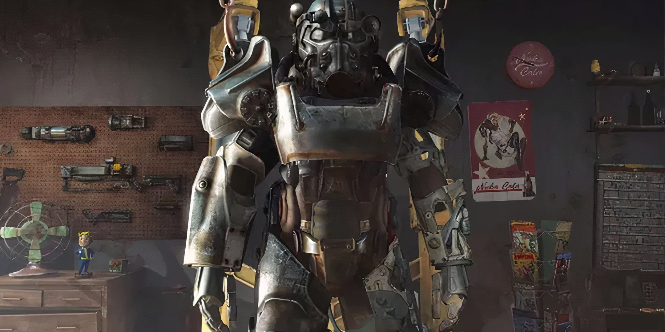 Fallout 4 power armour on standby in a garage by a Nuka Cola poster and Vault Boy bobblehead.