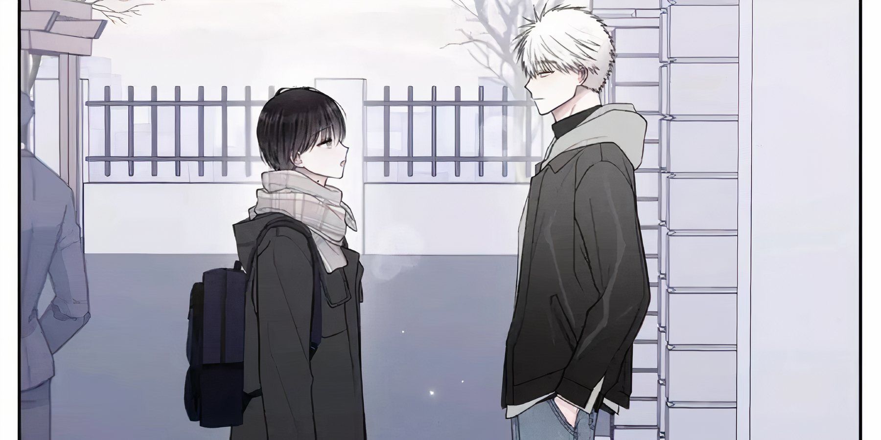 Dojin and Yeonwoo standing in front of the school with their winter clothes on.