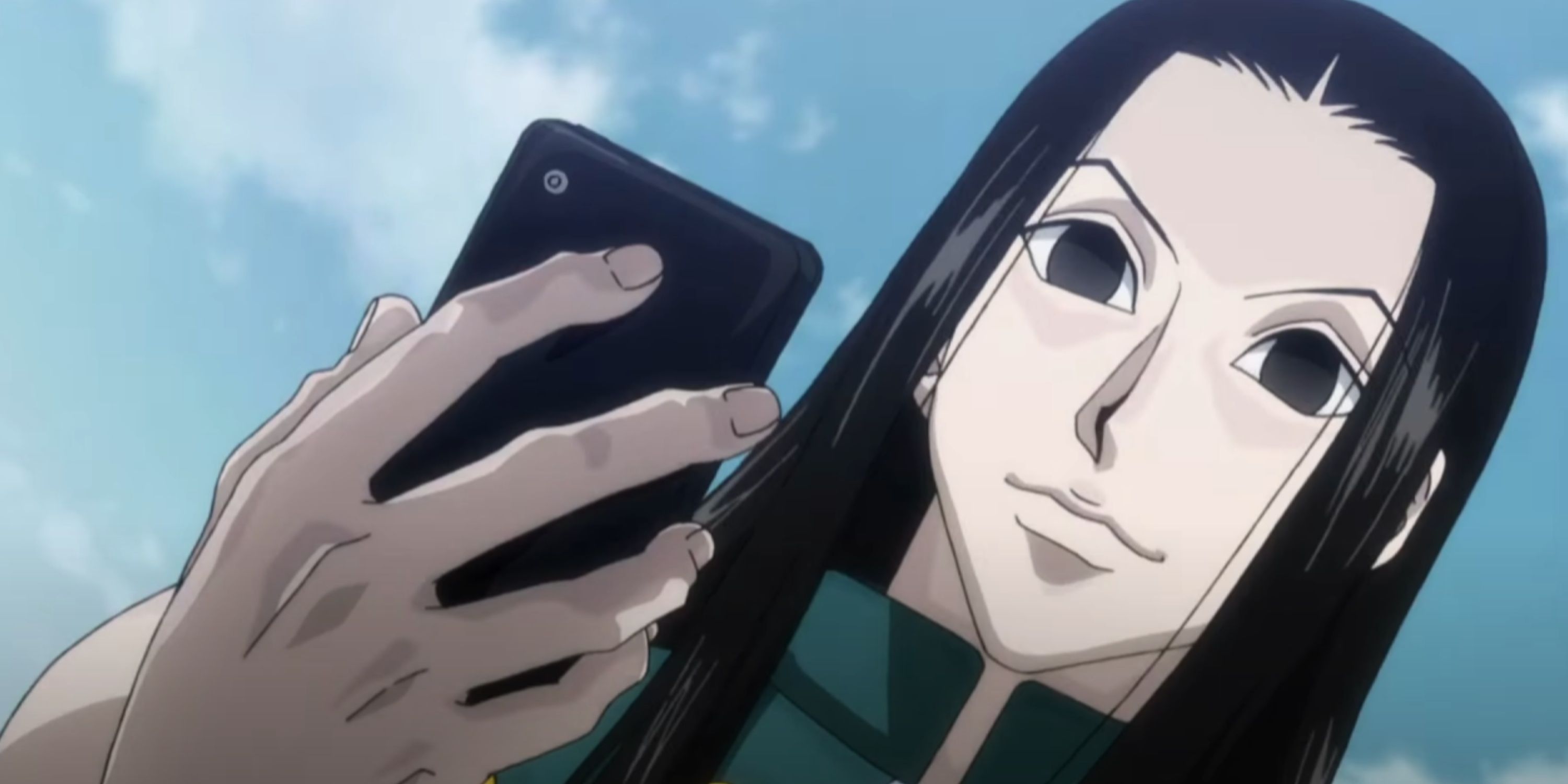 Illumi Zoldyck looks at his phone in Hunter X Hunter.