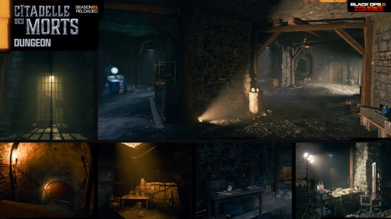 Black Ops 6 Zombies Citadelle des Morts quest: Various shots of the dungeon in the Citadelles des Morts map.