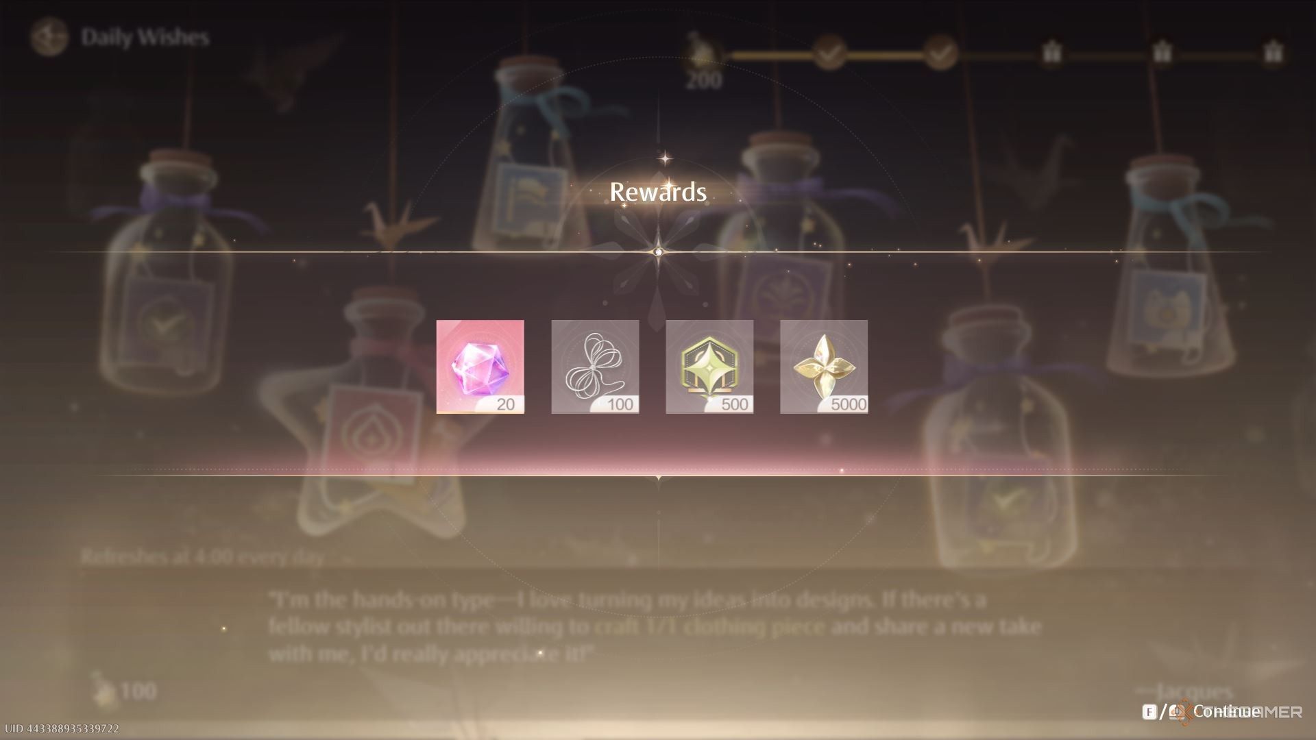 A series of rewards from the daily wishes in Infinity Nikki.