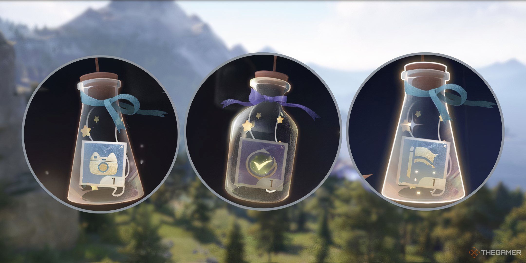 Three daily wish bottles from Infinity Nikki in front of a blurred backdrop of Florawish.