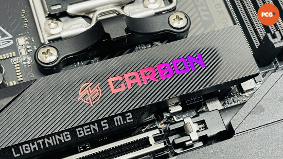 MSI MPG X870E Carbon WiFi review: RGB lighting on M.2 SSD heatsink.