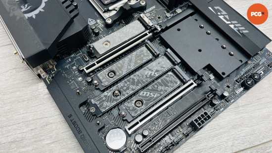 MSI MPG X870E Carbon WiFi review: M.2 slots with thermal pads.