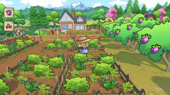 A 2D player character stands in the middle of her crop garden in Echoes of the Plum Grove, one of the best life games.