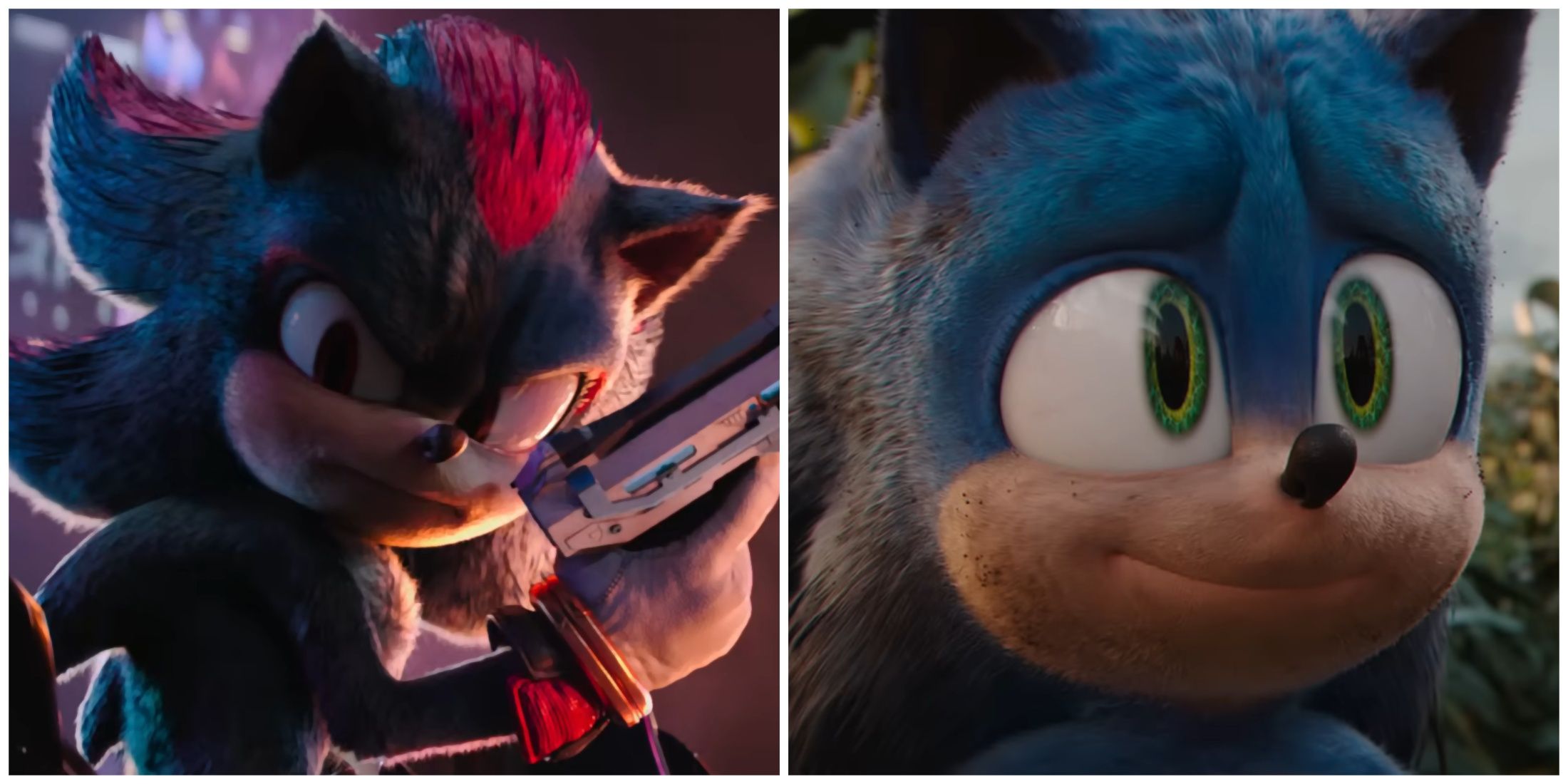 Split image of Shadow and Sonic in the trailer for Sonic the Hedgehog 3