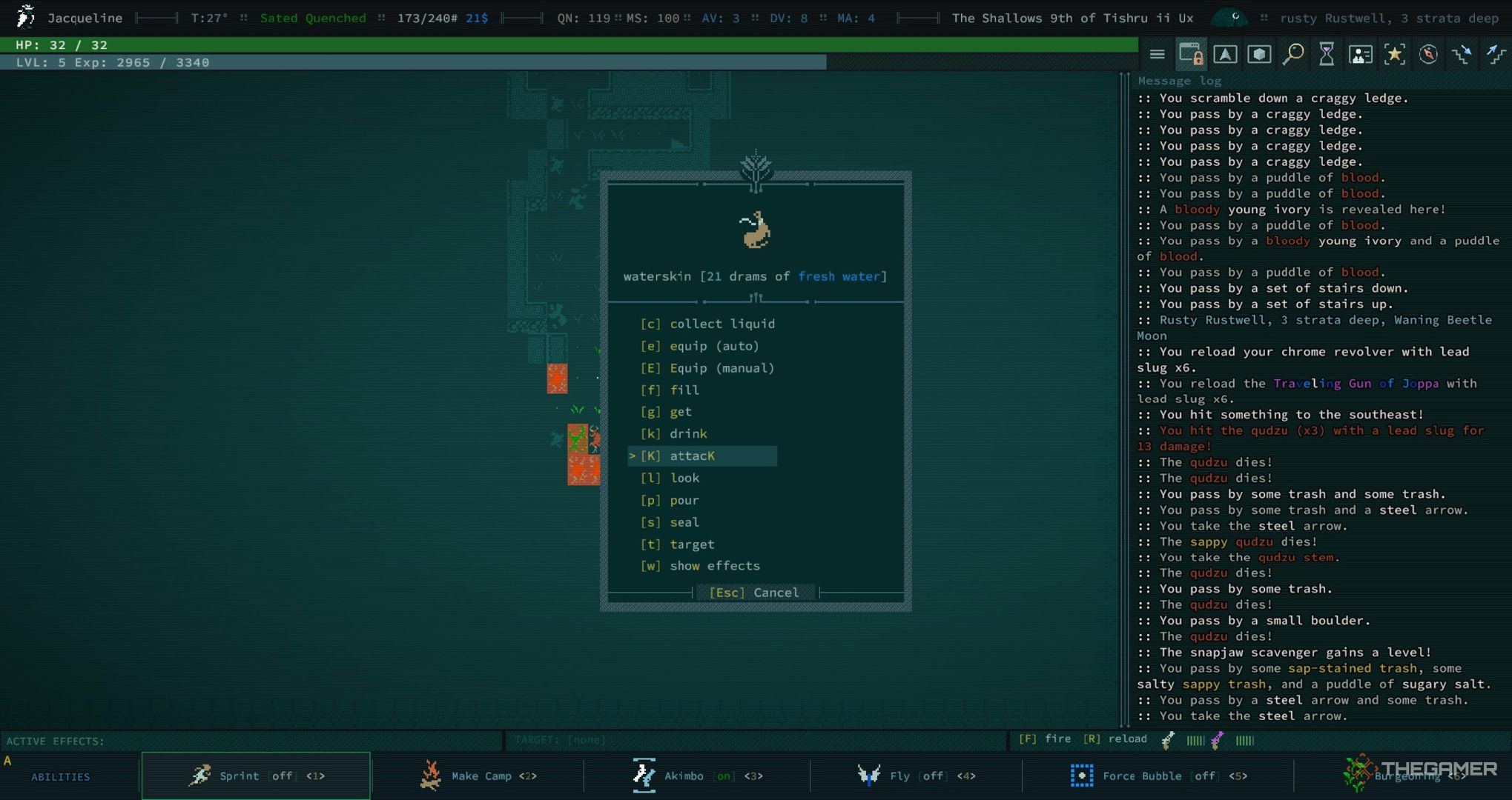 A player looting fresh water in Caves of Qud.