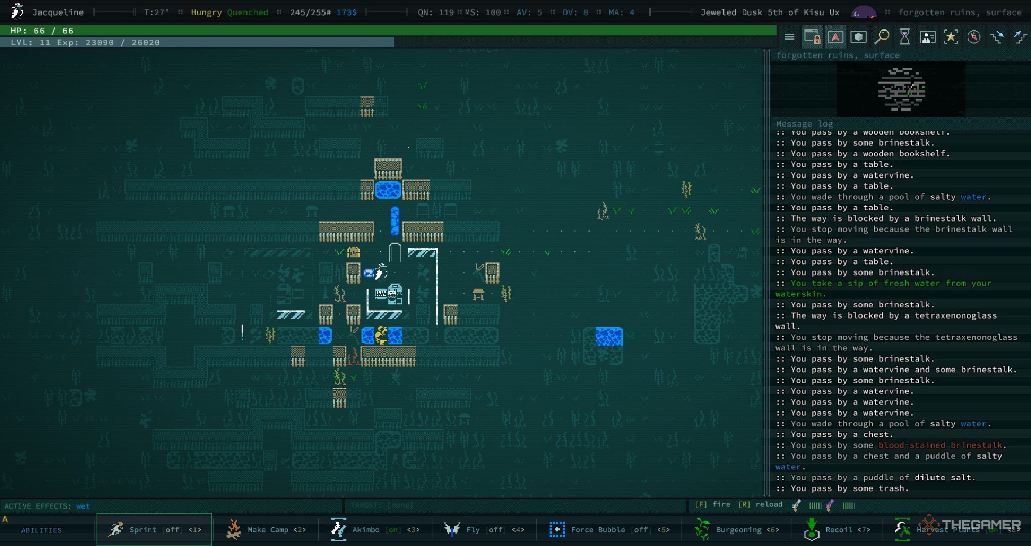 A Caves of Qud player standing in a ruined map.