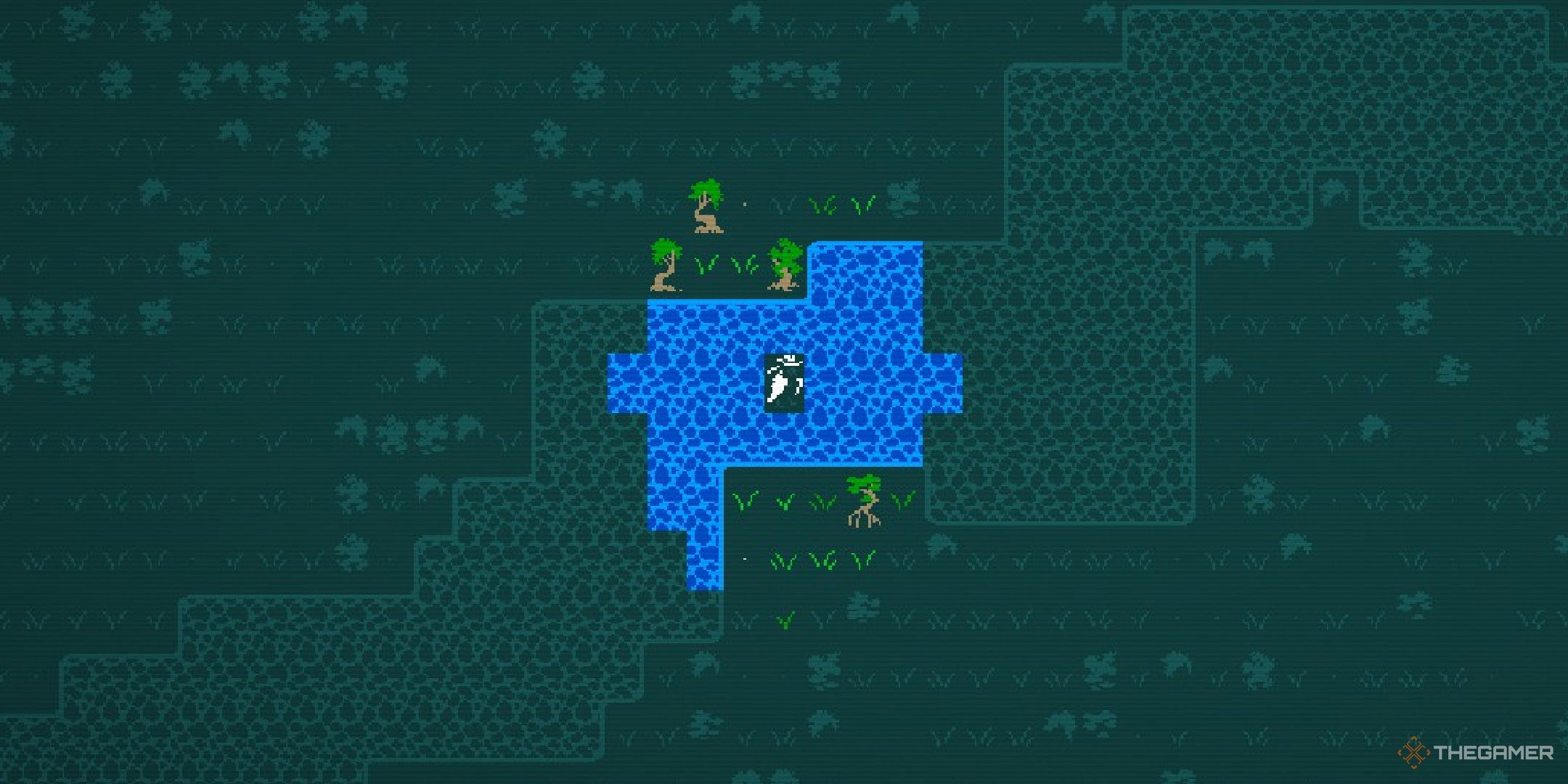 A player standing in a river in Caves of Qud.