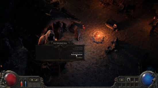 PoE 2 passive skill tree: a birds eye view of a person visiting a dingy shop in a tent.