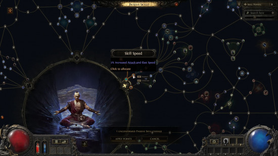 PoE 2 passive skill tree: a web of nodes, with one highlighted showing an upgrade to attack speed.