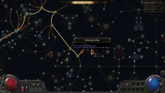 PoE 2 passive skill tree: a web of nodes with one highlighted.